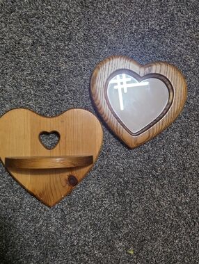 Rustic Heart-Shaped Wood Mirror and Shelf - Brown